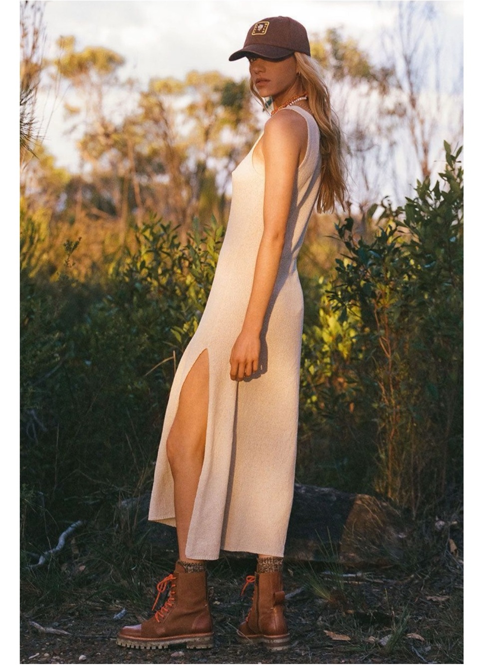 SPELL & The Collective Pipe Dream Knit Midi Side Slit Dress in Sand S $169